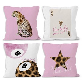 MONALET Pink Cheetah Preppy Throw Pillow Covers 18x18 Set of 4, Trendy Leopard Lucky 8 Balls Decor Pillow Cases for Teen Girls Dorm Bedroom, Retro Cheetah Print Pillowcases for Couch Bed Sofa