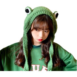 Sweet Frog hat Animal Headband with 3D Eyes - Green Woollen Knitted Froggy hat for Teens Kids Adults - Stay Warm and Cute- for Women and Girls - Accessories - Plush Froggie Costume Fashion for TikTok!