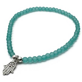 Sea Green Frosted Glass Bead Anklet with Silver Plated Hamsa/Fatima's Hand Charm on Elastic : Small/Medium 9.5 inches