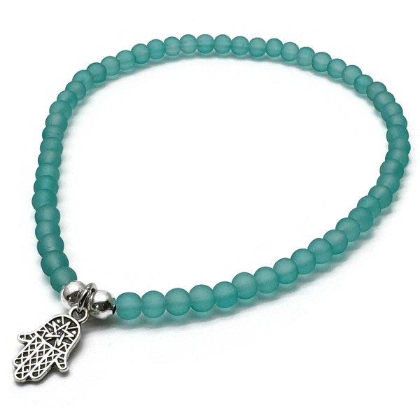 Sea Green Frosted Glass Bead Anklet with Silver Plated Hamsa/Fatima's
