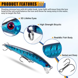 Fishing Suspending Jerkbait Kit, 8pcs Floating Minnow Hard Lures Bass Trout Walleye Catfish Baits Topwater Swimbaits for Saltwater Freshwater