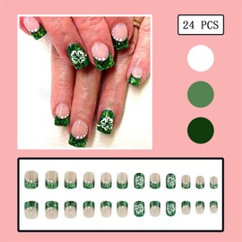 24 Pcs St. Patrick's Press on Nails Short Square French White Wave Point Fake Nails Lucky Clover French Glitter Sequins Design False Nails Full Cover Stick on Nails for Women Nails Decoration