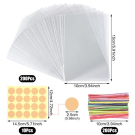 200 Stück Süßigkeiten Tüten, 15x10 cm Cellophantüten Plastiktüten Klein, Zellophanbeutel mit Bindebänder& Aufkleber für Hochzeit Geburtstag Weihnachten Tüten zum Befüllen