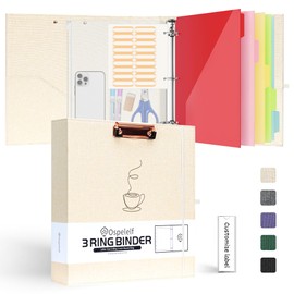 Ospelelf 2 Inch 3 Ring Binder, 5 Tab Dividers with 10 Pockets for Letter Size (8.5" x 11"), Linen Binder Organizer with Zipper Pouch, Hardcover School Clipboards Binder, Beige