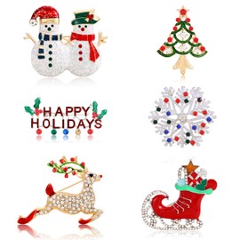 Christmas Brooch Pins For Women Girls Winter Snowflake Reindeer Deer Snowman Happy Holiday Boots Christmas Tree Crystal Brooches Set 6 Pack
