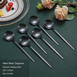 HOMQUEN Matte Black Teaspoons, Pack of 6, 6.6 Inch Spoons, Cutlery, Small Stainless Steel Spoon, Teaspoon for Home, Kitchen or Restaurant, Dishwasher Safe (Matte Black-6.6 inches)