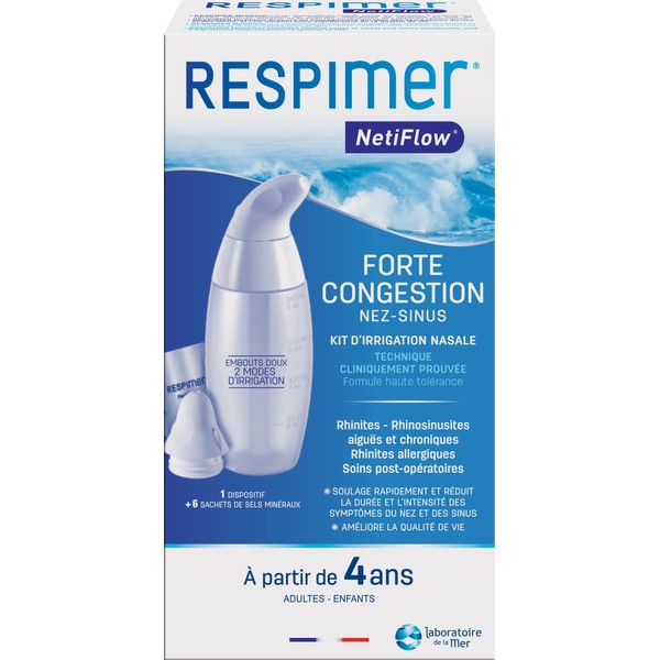 RESPIMER® NetiFlow® - Kit d'irrigation nasale - 1 Dispositif + 6 Sachets - Dispositif breveté et Fabriqué en France - Dès 4 ans