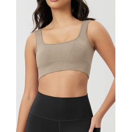 ODODOS Seamless Square Neck Sports Bra for Women Ribbed Crop Tank Casual Low Back Cropped Tops, Taupe, X-Small/Small