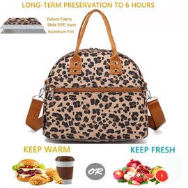 FlowFly Insulated Lunch Bag With Shoulder Strap for Women, Men, and Kids, Large and Reusable, Handle, Freezable Work and School Travel Tote and Meal Prep Organizer,Leapard