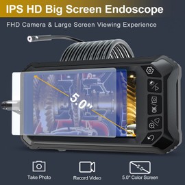 Koreal Endoscope Inspection Camera,Industrial Borescope 8mm Dual Lens 5 Inchs IPS Screen,Inspection Camera with 5M Semi-rigid Cable,Waterproof Borescope Snake Camera with LED Light,4.0X Zoom,32GB Card