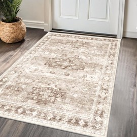 Washable Neutral Farmhouse Large Entryway Rug, 3x6 Area Rugs for Kitchen, Bedroom Beside Bed, Nursery Room, Boho Vintage Floral Non-Slip Throw Rug Low Pile Stain Resistant (3x6 Beige/Latte)