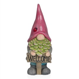 Alpine Corporation QWR1466 Gnome with Red Hat Holding “Welcome” Sign, Stylish Décor for Garden, Patio, & Pathway, 19" H, Multicolor
