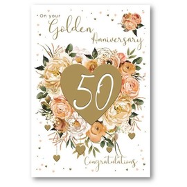 50th Milestone Golden Wedding Anniversary Card - 50 Years - Yellow Flowers & Gold Heart Embossed with Foil Details - Eco-Friendly & Made in the UK - By International Cards & Gifts