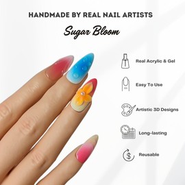 Hanakoko Press on Nails Handmade Nails 3D Press on Nails Short Medium Oval Almond Nails Fake Nails Glitter Cat Eye Nails Gel Nails Durable Reusable False Nails 10 Pcs (Sugar Bloom, M)