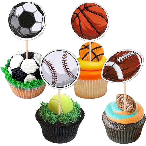 28 pelotas deportivas para cupcakes de béisbol, rugby para magdalenas, pelotas de fútbol, fútbol, baloncesto, decoraciones para cupcakes para baby shower, niños, fiesta de cumpleaños, decoración de pasteles