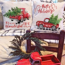 CARRIE HOME Outdoor Christmas Throw Pillow Covers 20x20 Set of 2 Red Truck Merry Christmas Throw Pillow Covers Xmas Decor for Home Couch and Front Porch