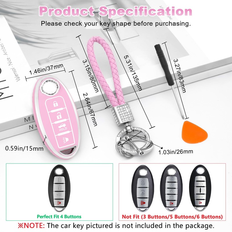 PIFOOG Key Fob Cover fit for Nissan 4 Button Pink
