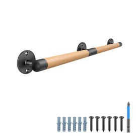 SELEWARE 34 Inch Wood Handrail Indoor Stair Handrail Drywall Mount Handrail w/Sturdy Metal Barckets, Barrier-Free Staircase Grab Bar for Elderly, 1.3 Inch Round