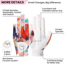 Golf Gloves Women Left Hand Half Finger Leather with Bling Ball Marker Value Pack Colored Glove for Right Handed Golfer All Weather Grip (Half-Orange, Small, Left)