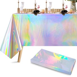 CANREVEL 4 Pack Iridescent Plastic Tablecloths Shiny Disposable Laser Rectangle Table Covers Holographic Foil Tablecloth Iridescent Party Decoration, 54 x 108 Inch