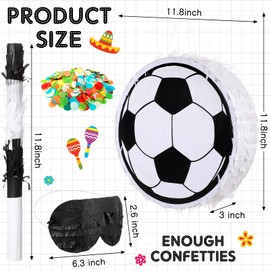 Soccer Pinata with Pinata Stick Blindfold and Confetti, Soccer Ball Pinata for Kids Soccer Birthday Decoration Sport Themed Party Supplies, 11.8 x 11.8 x 3 inch