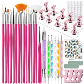 31 Piece Nail Art Brush Set, 15 Nail Art Brushes, 6 Nail Dotting Tools, 3 Nail Stickers, 2 Toe Separators, 2 Nail Polishers with Nail Stand Holder for Beginners, Nail Art Accessory Set
