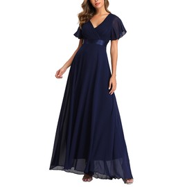 ECDAHICC Women's Evening Dresses Belt V-Neck High Waist A-line Chiffon Bridesmaid Dress Elegant Long Prom Dress, darkblue