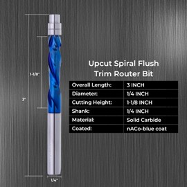 5 Pcs Compression Cut Spiral Flush Trim Router Bit, 1/4" Dia.1-1/8" Cut Length 1/4SHK.& 3" OAL, Up&Down Cut Solid Carbide CNC Bit with Nano Coating for Wood Trimming