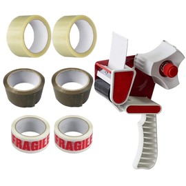 HTUK Tape With Dispenser Heavy Duty Packaging Tape Gun Dispenser With Bundle Of Packaging Tape Rolls Clear Brown And Fragile 48MM x 66M Regular Use Or Moving (Tape Gun Dispenser + 6 Mix Tape Rolls)