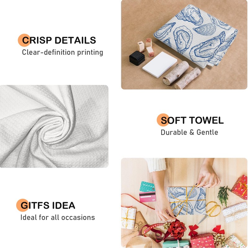 Trenstise Blue Coastal Oyster Kitchen Towels, Beach Bathroom Decor, Retro