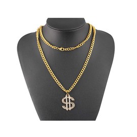 Weahre Dollar Sign Hip Hop Rapper Men's Necklace Rhinestone Pendant Gold Chain Jewelry for Rap Gangsta