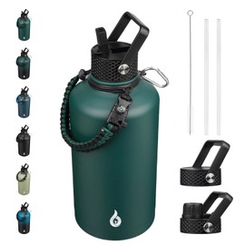 BJPKPK 2/3 Gallon Water Bottle with Straw Lid, 50oz, 64oz, 87oz, 128oz Large, Stainless Steel Water Bottles with 3 Lids and Paracord Handle, Double Wall Vacuum Metal Water Jug, Army Green