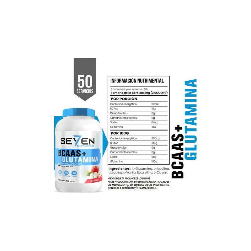 Aminoácidos Bcaas + Glutamina Seven 1kg Varios Sabores