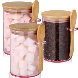 3 Set Pink Sugar Jars with Bamboo Lid and Spoon 18.6oz Glass Coffee Beans Storage Container for Coffee Bar Accessories Pink Kitchen Decoration for Condiment Spice Flour Nuts Candy Salts