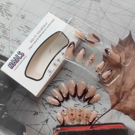 French Tip Press on Nails Almond Fake Nails with Glue Rhinestones Gem Red Nails press on Acrylic Nails Swirl 3D Glue on Nails Medium Length Gold False Nails Natural Reusable Stick on Nails for Women