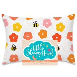 Little Sleepy Head Youth Pillow Case - 100% Made Cotton & Hypoallergenic Pillow Case - Snug Fit Envelope Pillowcase Enclosure - Youth Pillow 16x22 Size - (Bee Happy) Design Travel Pillow Cover