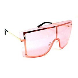 Arctic Rimless Oversized One Piece Shield Flat Top Sunglasses (Black & Gold Frame, Solid Pink Lens)