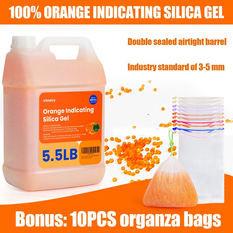 5.5LBS Silica Gel Desiccant Beads, Premium Color Indicating Reusable Desiccant