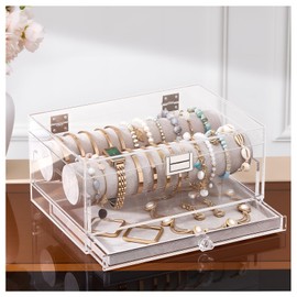 Lolalet Acrylic Bracelet Organizer Box, Clear Jewelry Display Holder for Bangles Watches, Jewellery Accessories Storage Case for Women -with Drawer