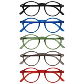 OPULIZE REY Reading Glasses - 5-Pack - Retro Round Frame - Matte Black, Blue, Green, Grey, Red - Mens Womens - Spring Hinges - RRRRR56-1367Z - +1.50