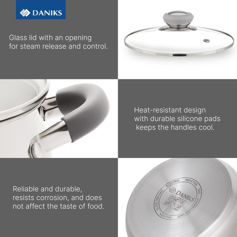 Daniks Modern 10-Piece Stainless Steel Cookware Set with Glass Lids,
