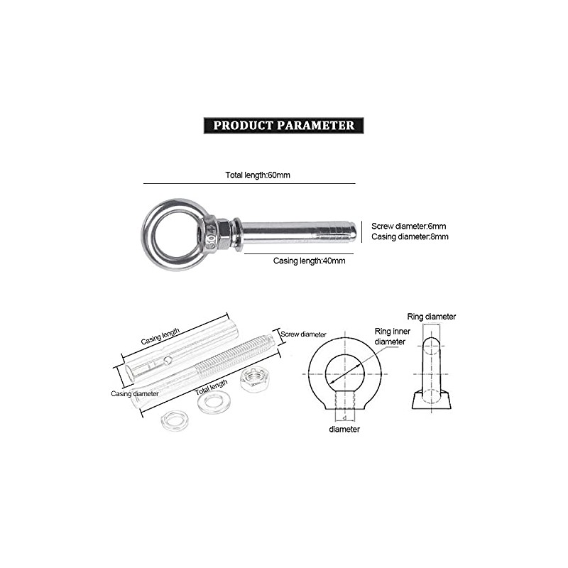 6 Pcs M6x60mm Expansion Bolt, 304 Stainless Steel Ring Lifting