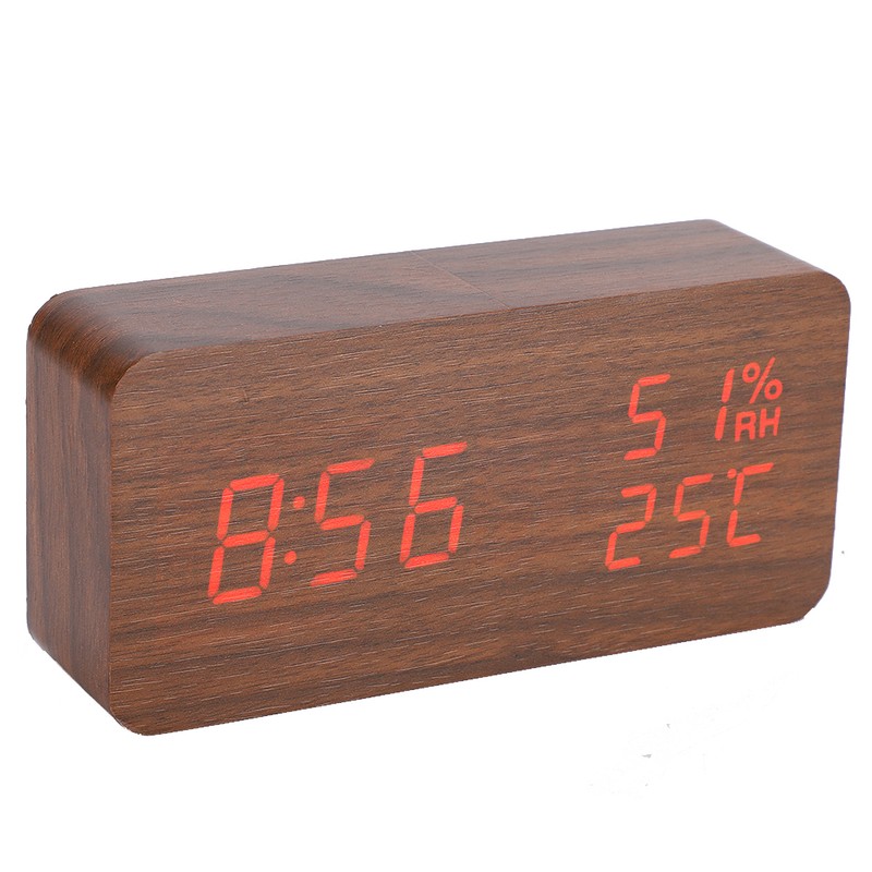Wooden Alarm Clock LED Voice Control Desk Rectangular Brown Wood