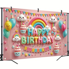Starlit Patio Kawaii Birthday Party Backdrop: Rainbow Cloud Cupcake Banner with Balloons, Polyester, 71 x 43 Inch