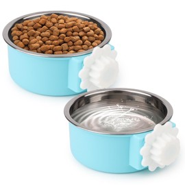 Hypeety Dog Crate Water Bowl No Spill - Hanging Attachable Pet Bowls for Kennel Durable Stainless Steel Food Water Dishes for Small Dogs Cats Rabbits Parrots with Non-Slip Base (Blue 2pcs)
