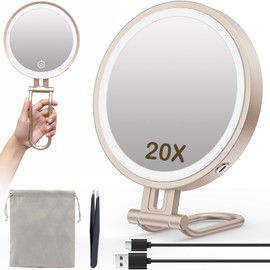 Travel Makeup Mirror with Lights,3000mAh Rechargeable 1X/20X Magnifying Mirror with Light, 7" Portable Lighted Beauty Mirror, Make Up Mirrors with 3 Light Colors, Dimmable Tabletop Handhold Hanging(N)