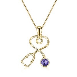 Nurse Gifts for Women 925 Sterling Silver 14K Gold Plated Stethoscope Pendant Necklace with February Birthstone, Doctor Necklace Jewelry Gifts for RN Medical Students White Coat Ceremony