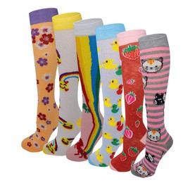 Girls Youth Baby Children's Novelty Design Knee High Socks (L (FIt Kids Shoes 9 to Big Kids 4), 6 Pairs Fancy Design)