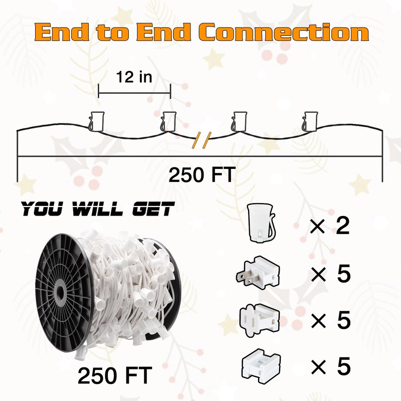 Encoidoz 250FT C9 Outdoor String Light Stringer, E17 Socket 12"