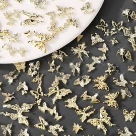 AIPULIDUO Butterfly Nail Charms, 60PCS Nail Charms Gold Butterfly Charms Golden Y2k Alloy Nail Art Rhinestone Charms 3D Nail Decorations Accessories Supplies for Crafts